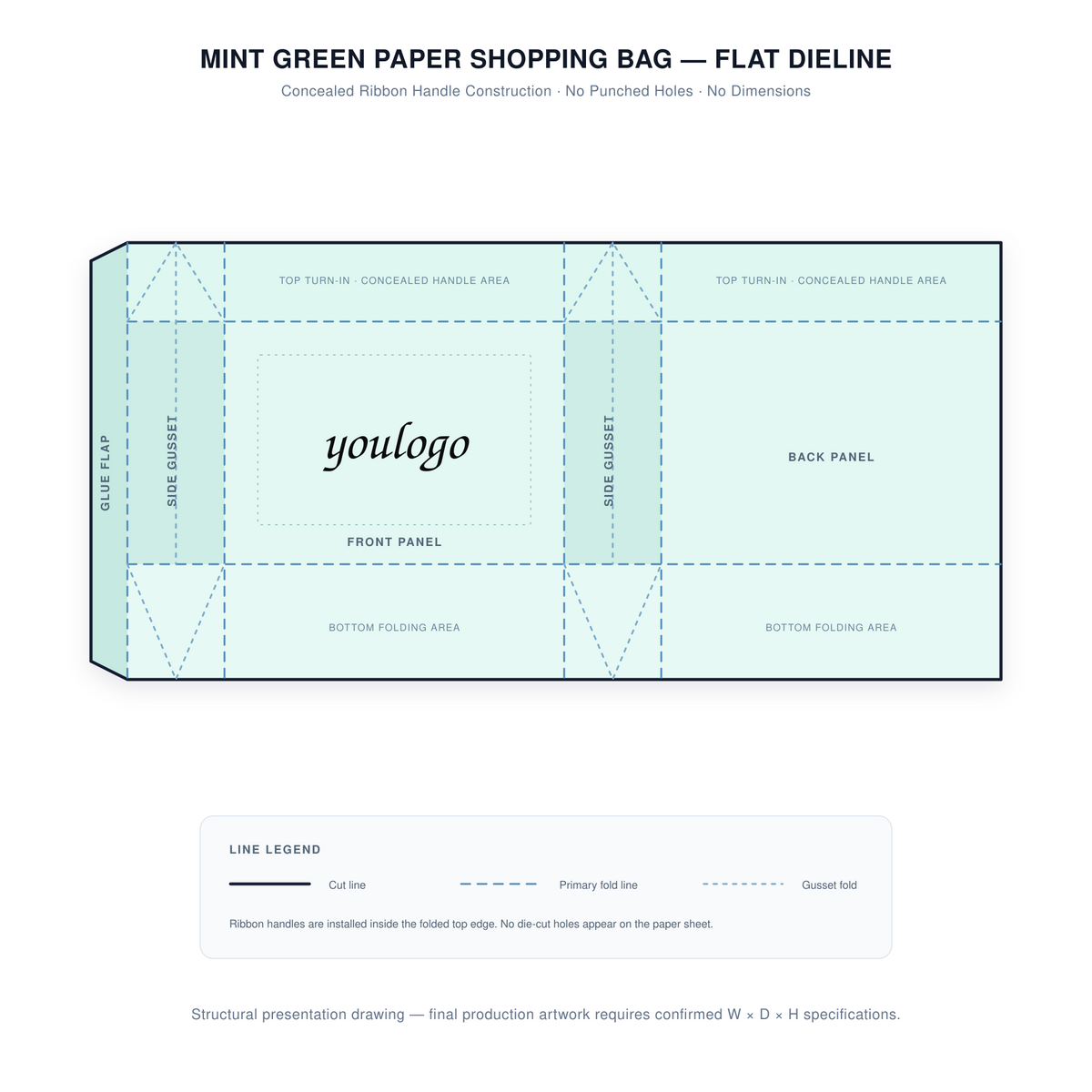 Custom Mint Green 250gsm Paper Shopping Bags with Concealed White Satin Ribbon Handles