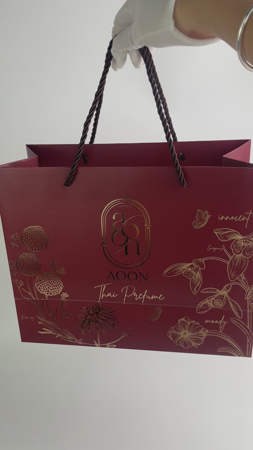 Custom Burgundy Luxury Paper Gift Bags with Rope Handles & Gold Foil Logo