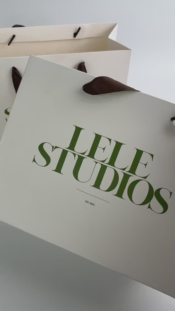 Custom 270gsm Ivory Specialty Paper Shopping Bags with Brown Grosgrain Ribbon Handles