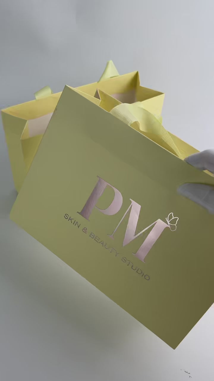 Custom Luxury Yellow Paper Shopping Bags with Ribbon Handles