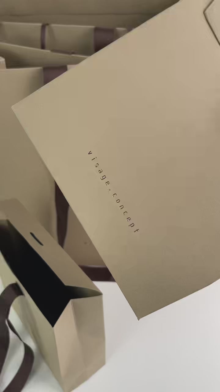 Custom 270gsm Taupe Specialty Paper Shopping Bags with Brown Grosgrain Ribbon Handles