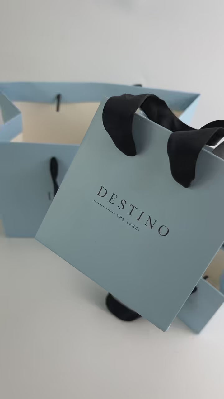 Custom Powder Blue Paper Shopping Bags | Black Satin Ribbon Handles | Jewelry & Luxury Retail