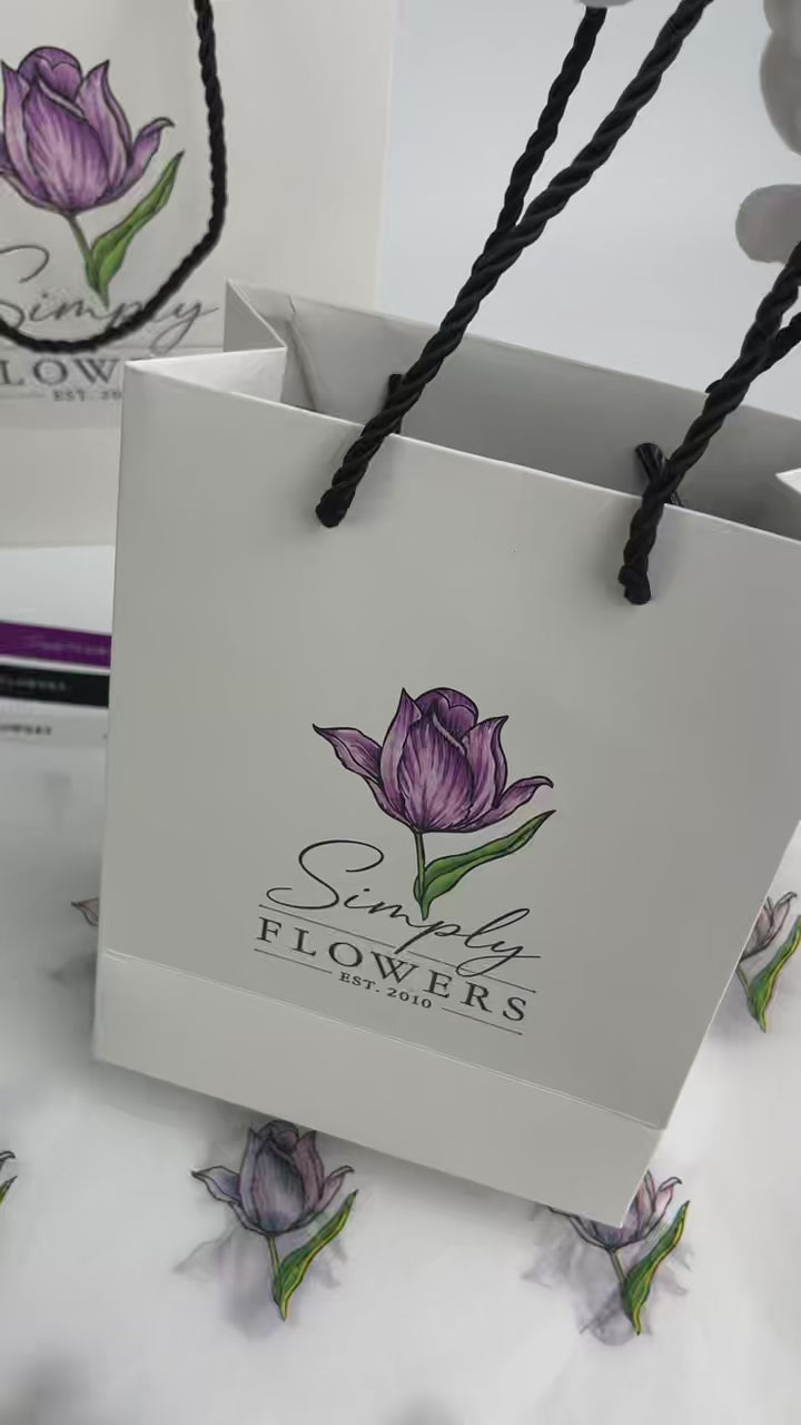 Custom White Specialty Paper Shopping Bags with Black Lining & Rope Handles