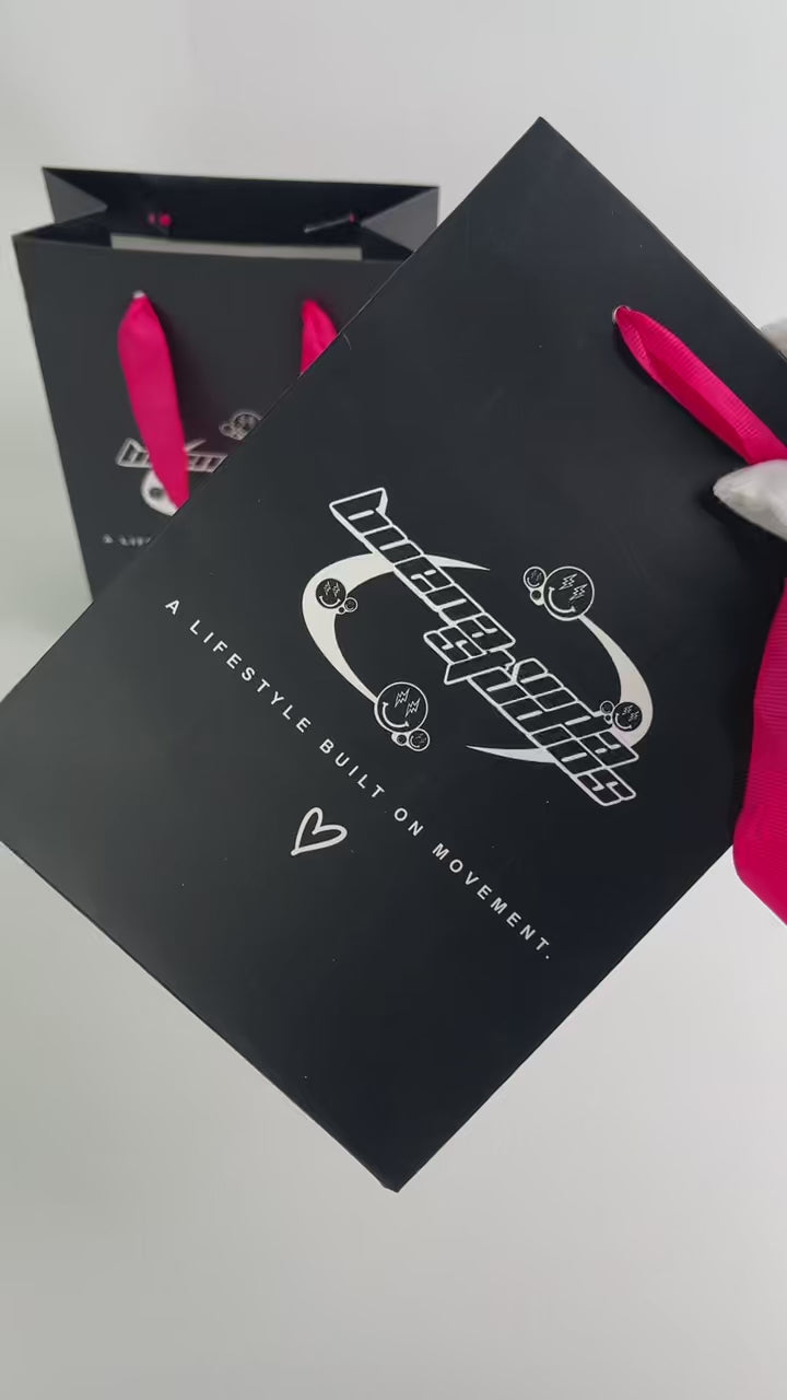 Custom Luxury Black Paper Shopping Bags with Hot Pink Ribbon Handles