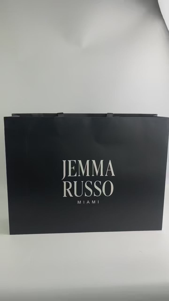 Custom Luxury Black Paper Shopping Bags with Satin Ribbon Handles for Apparel Brands