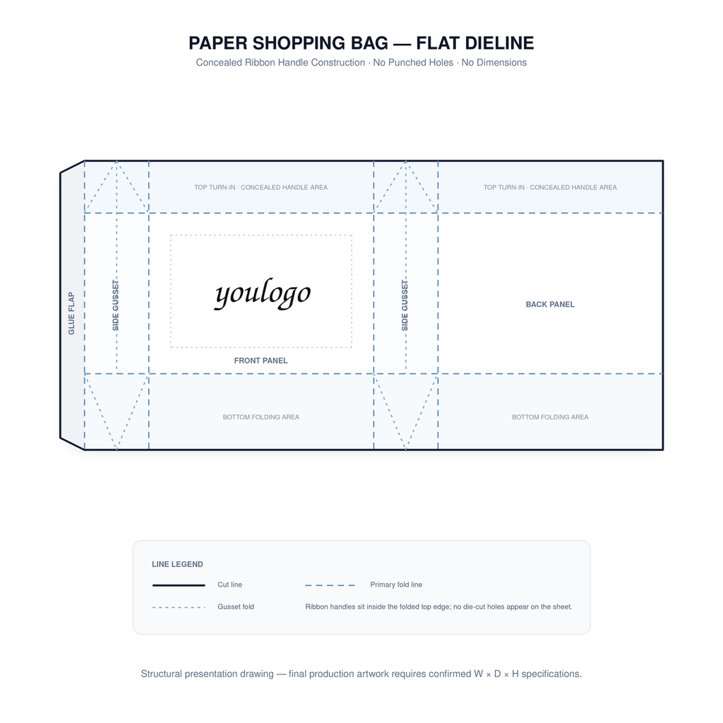 Custom 250gsm White Paper Shopping Bags with Concealed Blue Satin Ribbon Handles